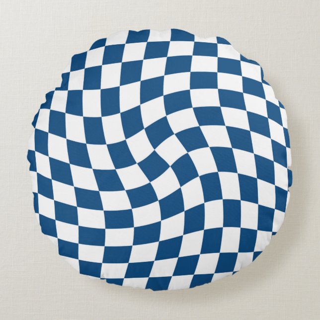 Retro Blue Checks Warped Chequered Dorm Room Round Cushion (Front)