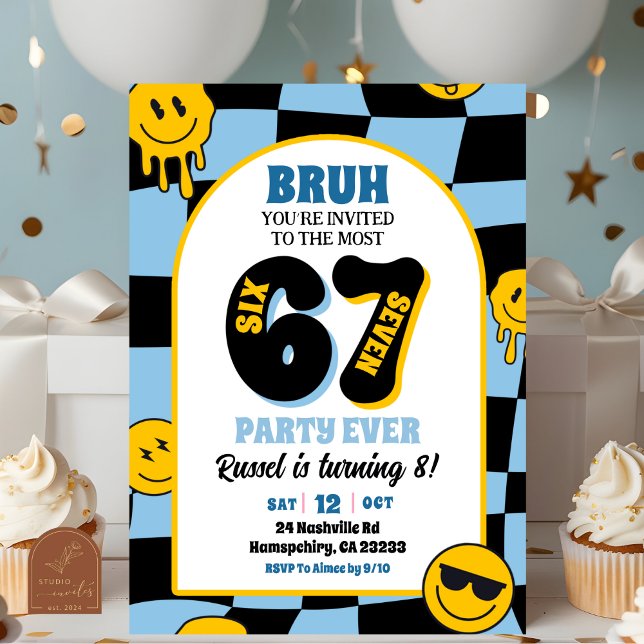 retro blue chequered 67 boy birthday invitation (Creator Uploaded)