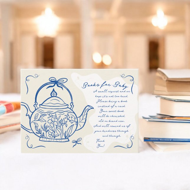 Retro blue chic bows teapot books for Baby shower Enclosure Card (Retro blue chic bows teapot books for Baby shower Enclosure Card)