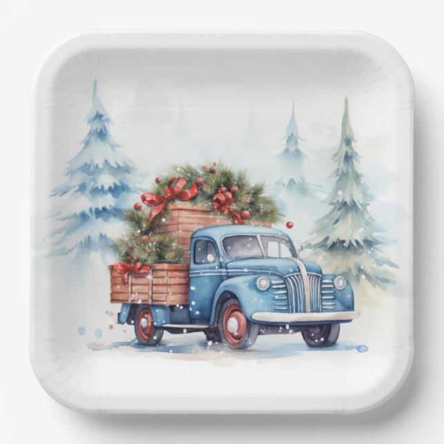 Retro Blue Christmas Truck Paper Plate (Front)