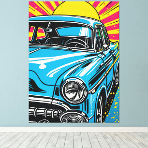 Retro Blue Classic Car Front Pop Art Illustration Canvas Print