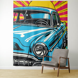 Retro Blue Classic Car Front Pop Art Illustration Tapestry