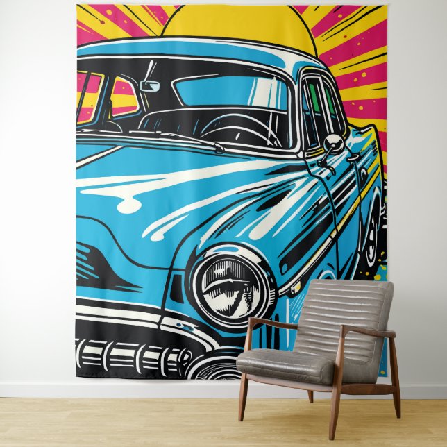 Retro Blue Classic Car Front Pop Art Illustration Tapestry (In Situ)