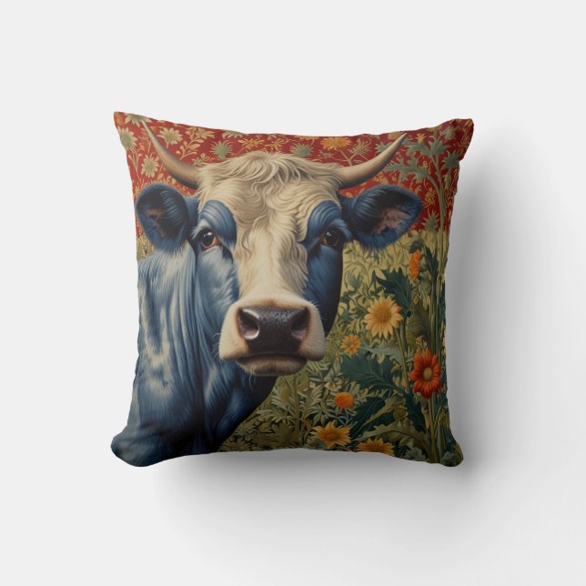 Retro Blue cow in sunflower garden Cushion (Front)