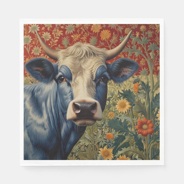 Retro Blue cow in sunflower garden Napkin (Front)