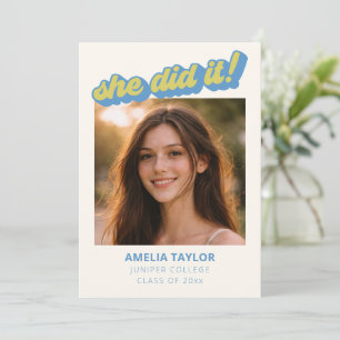 Retro Blue Cream Girl Photo Graduation Groovy 2026 Announcement