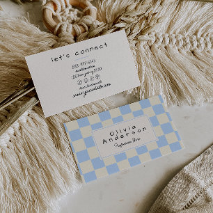 Retro Blue Cream Wavy Checkered Boho Pastel Business Card