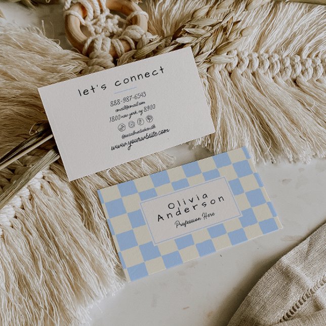 Retro Blue Cream Wavy Chequered Boho Pastel Business Card (Creator Uploaded)
