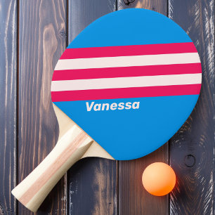 Retro Blue Crush Stripes with Name Ping Pong Paddle