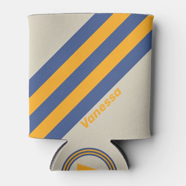 Retro Blue Crush Sunset Stripes with Name Can Cooler (Front)