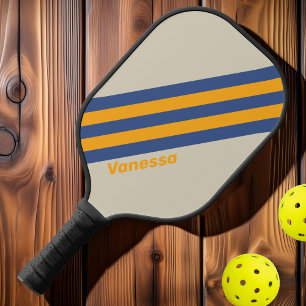 Retro Blue Crush Sunset Stripes with Name Pickleball Paddle
