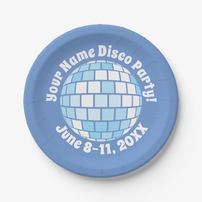 Retro Blue Disco Ball PERSONALIZED Paper Plate (Front)