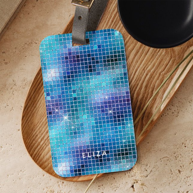 Retro Blue Disco Mirror | Monogram Luggage Tag (A glam, blue and turquoise disco ball inspired luggage tag)