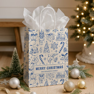 Retro Blue Doodle Merry Christmas Medium Gift Bag