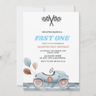Retro Blue Fast one Boy 1st Birthday Car Boys Invitation