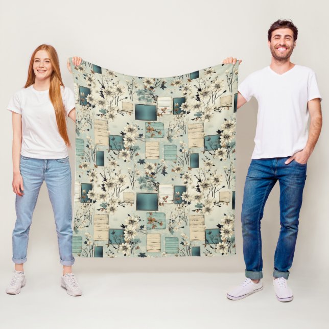 Retro Blue Film White Flower Ephemera Fleece Blanket (In Situ)