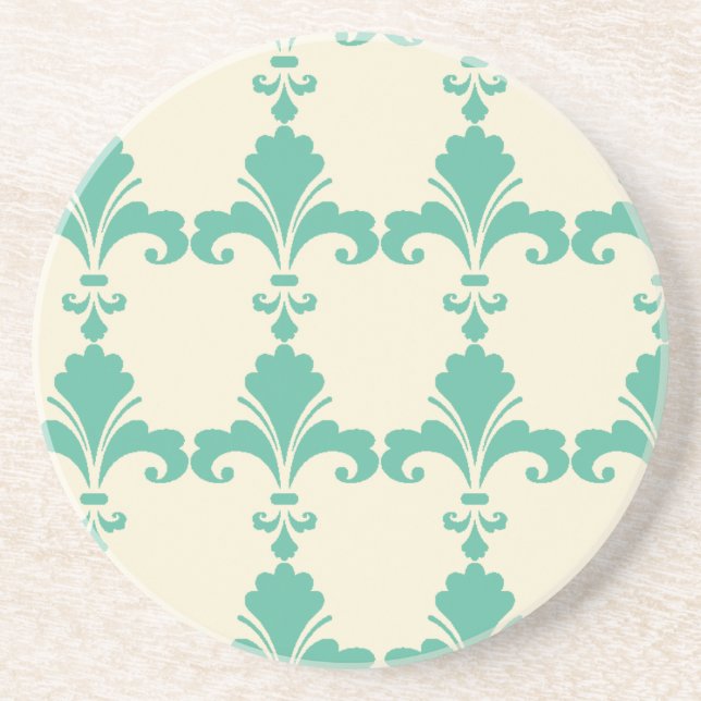 Retro Blue Fleur-De-Lis Pattern Coaster (Front)
