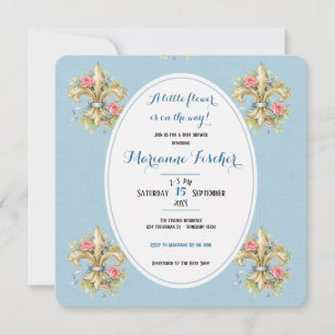 Retro Blue Fleur de Lys Baby Shower Invitation