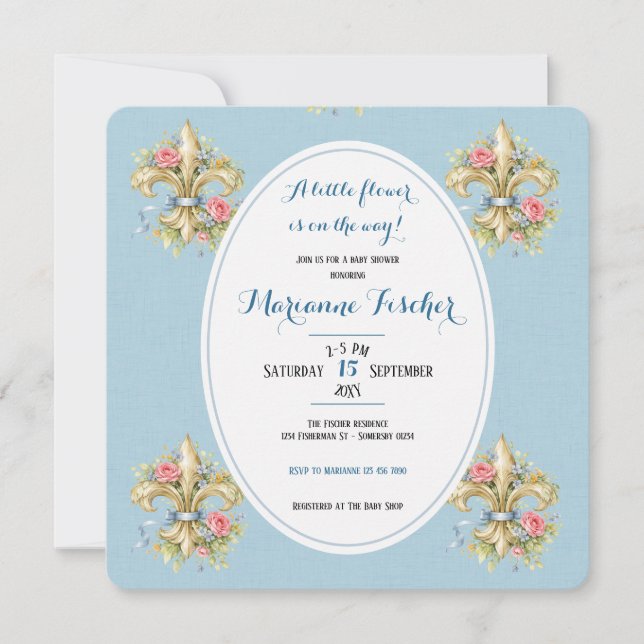 Retro Blue Fleur de Lys Baby Shower Invitation (Front)