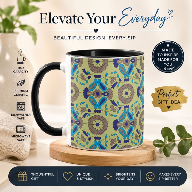 Retro Blue Floral Pattern Accent Mug (Creator Uploaded)