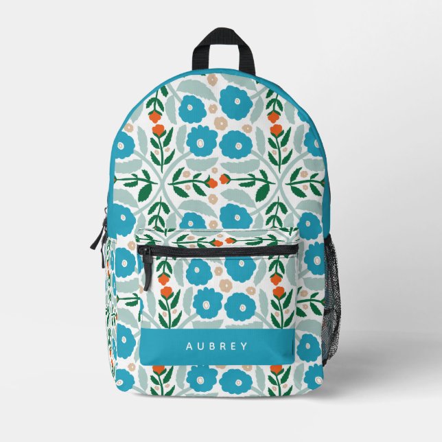 Retro Blue Floral Pattern Printed Backpack (Front)
