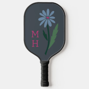 Retro Blue Floral Pink Monogram Slate Gray Pickleball Paddle
