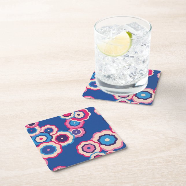 Retro Blue Floral Square Paper Coaster (Insitu)