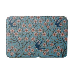 Retro Blue Floral Swallow Pattern by Walter Crane Bath Mat