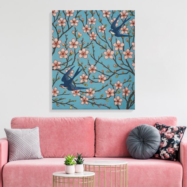 Retro Blue Floral Swallow Pattern by Walter Crane Canvas Print (Insitu(LivingRoom))