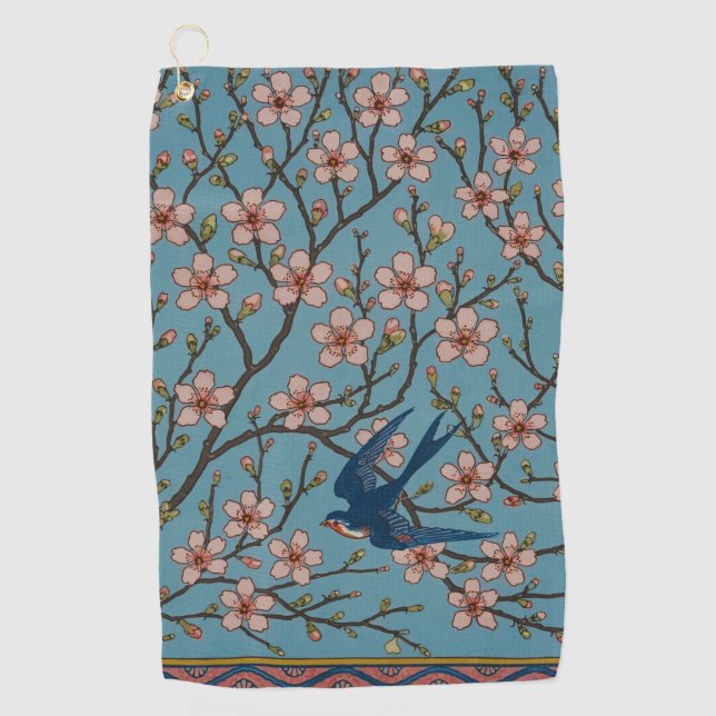 Retro Blue Floral Swallow Pattern by Walter Crane Golf Towel (Front)