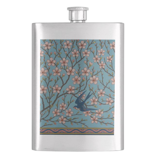 Retro Blue Floral Swallow Pattern by Walter Crane Hip Flask (Front)
