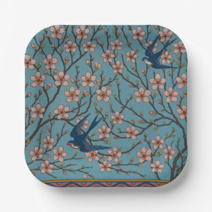 Retro Blue Floral Swallow Pattern by Walter Crane Paper Plate