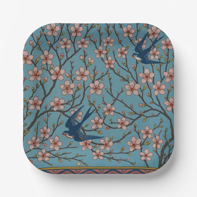 Retro Blue Floral Swallow Pattern by Walter Crane Paper Plate (Front)
