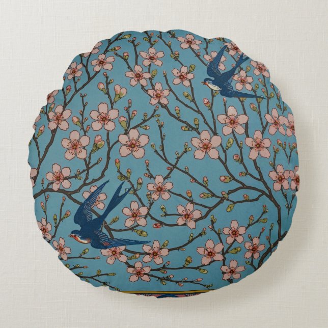 Retro Blue Floral Swallow Pattern by Walter Crane Round Cushion (Front)