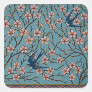 Retro Blue Floral Swallow Pattern by Walter Crane Square Sticker
