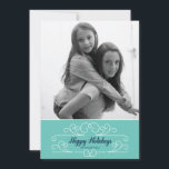 Retro Blue Florish Holiday Photo Card<br><div class="desc">This retro-chic card emotes the timeless joy of the season and is designed exclusively for Zazzle. Perfect for a vintage yet modern holiday greeting. Tiny dots with a Caspian blue border and vintage flourish in white help highlight your favourite photo(s). Add an Envelopments Holiday Stamp from our extensive postage collection...</div>