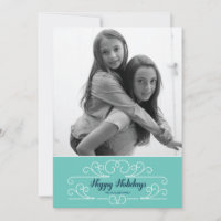 Retro Blue Florish Holiday Photo Card