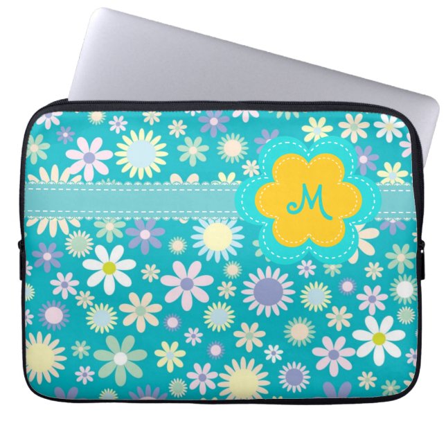 Retro Blue Flower Power Monogram Laptop Sleeve (Front)