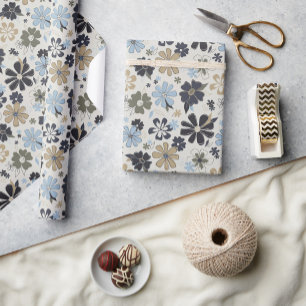 Retro Blue Flowers Pattern Wrapping Paper
