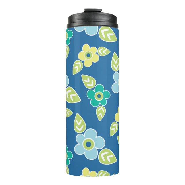 Retro Blue Flowers Thermal Tumbler (Front)