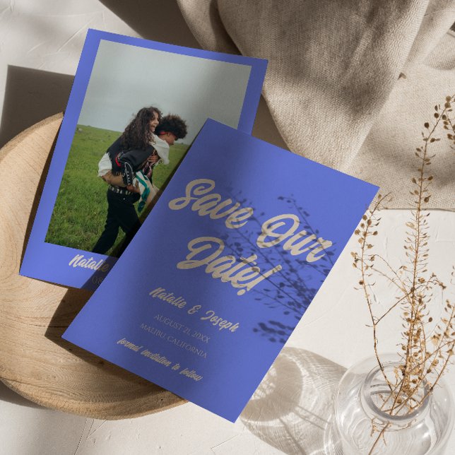 Retro Blue Funky Bold Modern Unique Fun Wedding Save The Date (Creator Uploaded)