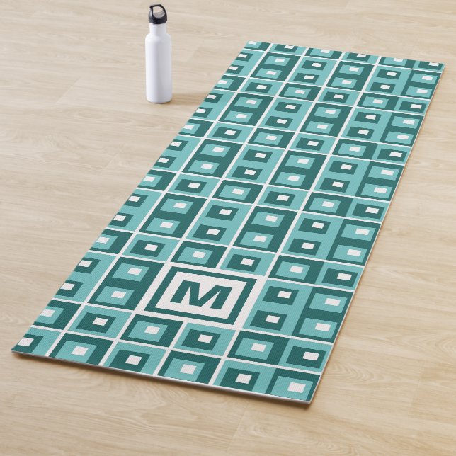 Retro Blue Geometric Squares Pattern Monogram Yoga Mat (In Situ)