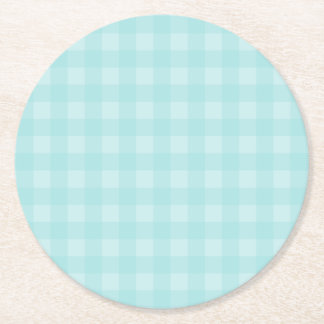 Retro Blue Gingham Chequered Pattern Background Round Paper Coaster