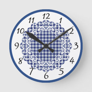 Retro Blue Gingham  Round Clock