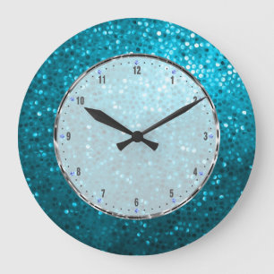 Retro Blue Glitter Large Clock