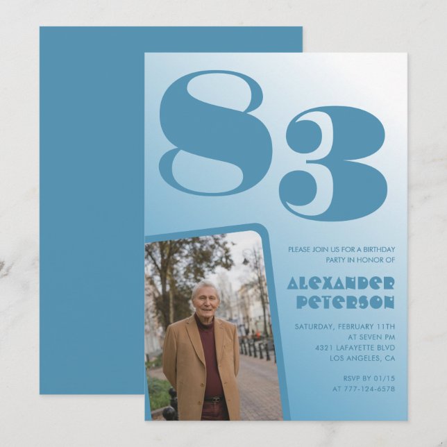 Retro Blue Gradient Photo 83rd birthday Invitation (Front/Back)