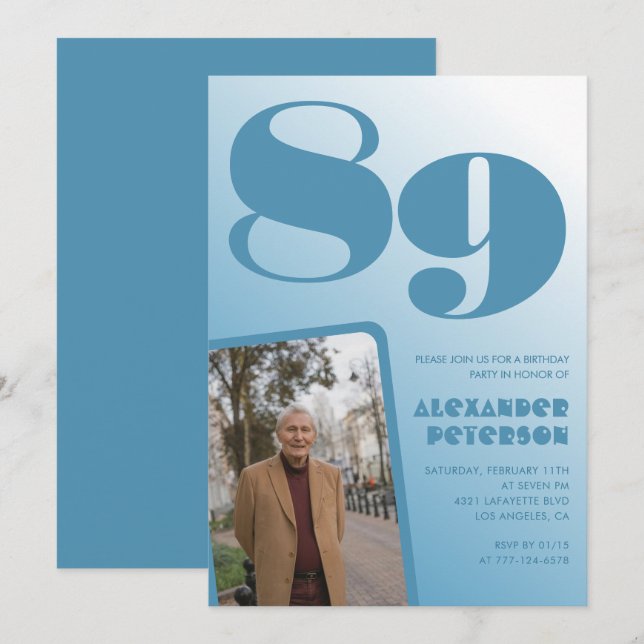 Retro Blue Gradient Photo 89th birthday Invitation (Front/Back)