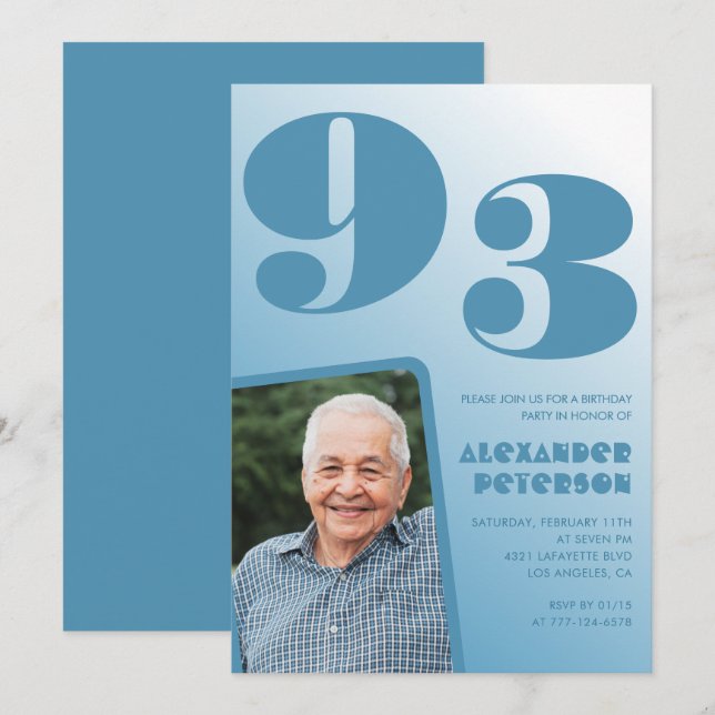 Retro Blue Gradient Photo 93rd birthday Invitation (Front/Back)