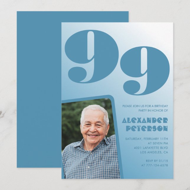 Retro Blue Gradient Photo 99th birthday Invitation (Front/Back)