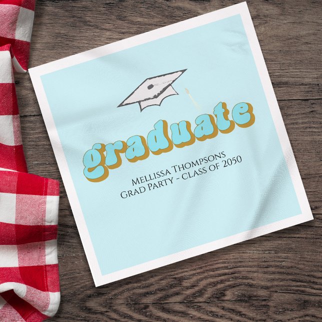 Retro Blue Graduation Party Custom Luncheon Napkin (Graduation blue retro style lettering lunchoen napkin,)